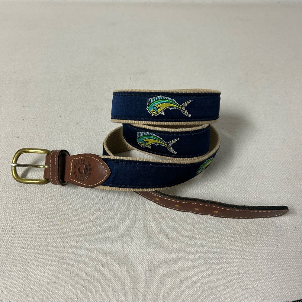 Ocean Rider Belt Mens 44 Brown Leather Beige Webbing Blue Embroidered Mahi Mahi